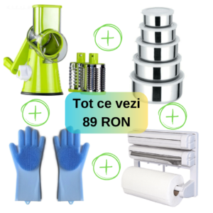 Preț Promo Răzătoare manuala + Set manuși Silicon + Dispenser triplu de bucatarie + Set 5 caserole