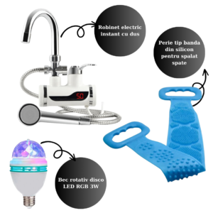 Preț Promo Robinet Electric instant cu Dus + Perie din Silicon pentru Spate + Bec Rotativ Disco LED
