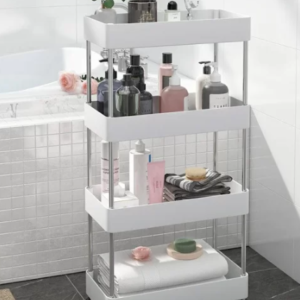 Support cuier Carucior organizator Etajera slim portabil cu 4 rafturi, alb pentru baie si bucatarie cu roti