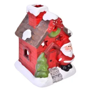Felinar Craciun Casuta din Ceramica Mos Craciun Suport pentru Lumanare Pastila 9 x 13cm