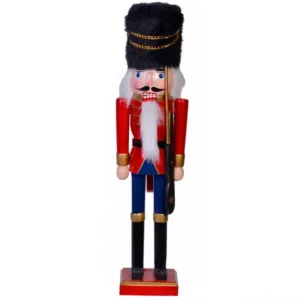 Soldat din Lemn Decorativ de Craciun Uniforma Rosie Albastra Caciula Neagra de Blana 38cm