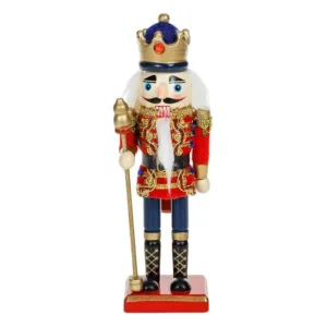 Rege din Lemn Decorativ de Craciun Uniforma Catifelata Rosie Albastra 20cm