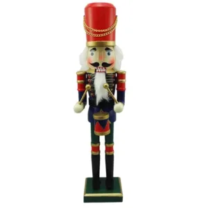 Soldat Tobosar din Lemn Decorativ de Craciun cu Uniforma Albastra/Rosie 38cm